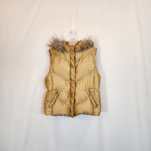(R)ELATIVITY Gold Faux Fur Trim Hood Duck Down Feather Puffer Vest Women Large - Picture 1 of 12